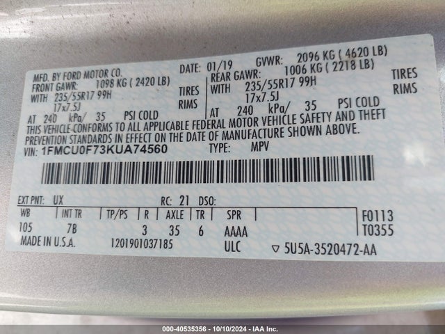 Ford ESCAPE S 2019 1FMCU0F73KUA74560 Image 9