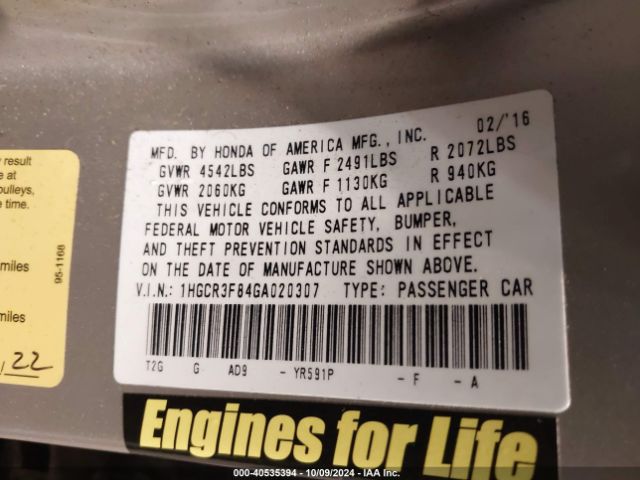 1HGCR3F84GA020307 Honda Accord Ex-l V-6