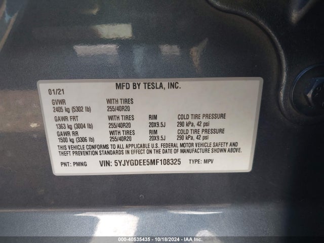 2021 TESLA MODEL Y 5YJYGDEE5MF108325 Photo 8