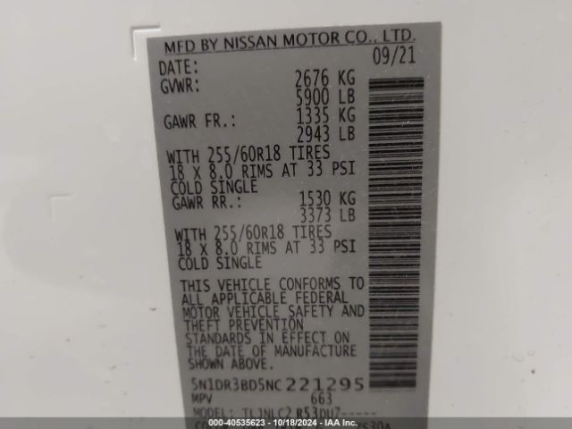 5N1DR3BD5NC221295 Nissan Pathfinder Sv 4wd