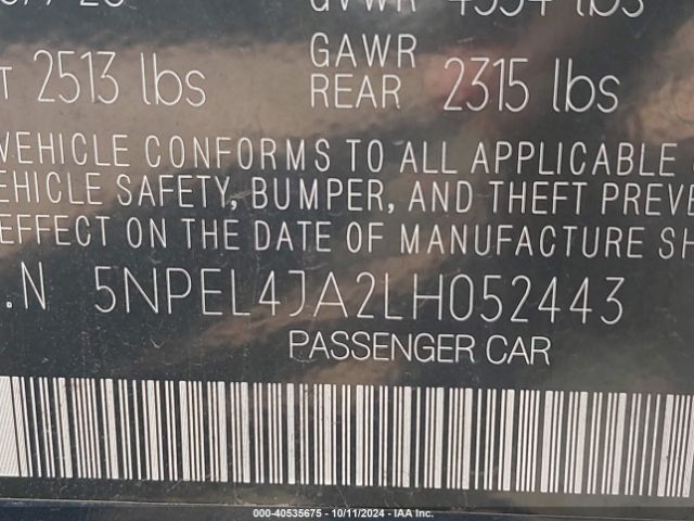 5NPEL4JA2LH052443 Hyundai SONATA SEL
