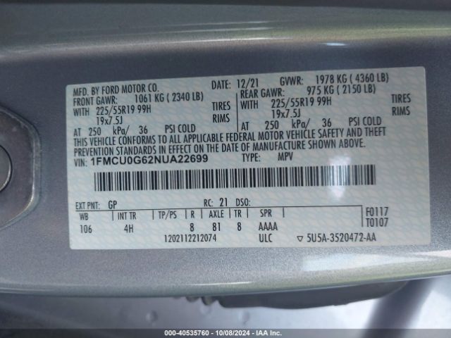 2022 FORD ESCAPE 1FMCU0G62NUA22699 Photo 8