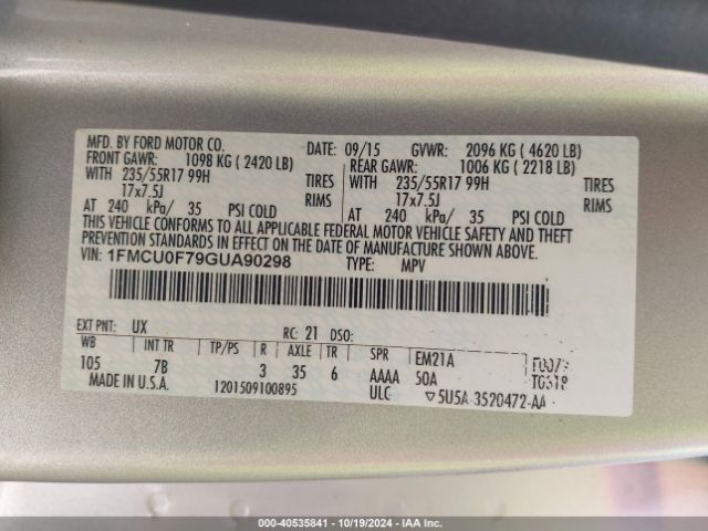 1FMCU0F79GUA90298 Ford ESCAPE S