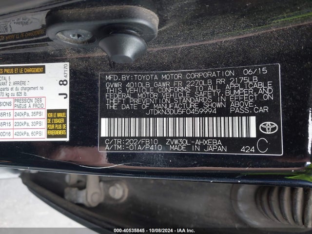 Toyota Prius Two 2015 JTDKN3DU5F0459994 Image 9