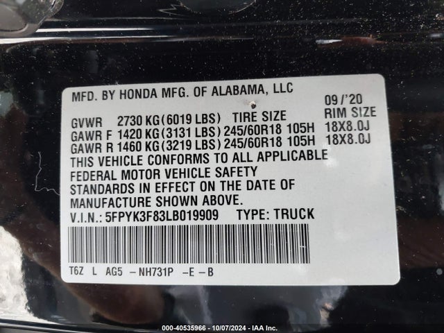Honda Ridgeline Black Edition 2020 5FPYK3F83LB019909 Image 9