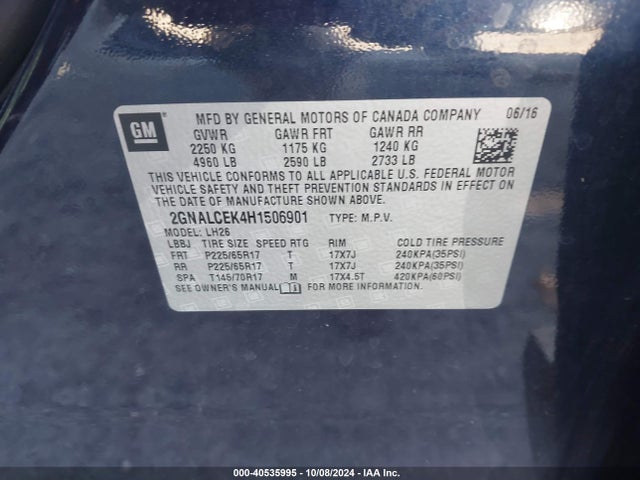 Chevrolet EQUINOX LT 2017 2GNALCEK4H1506901 Image 9