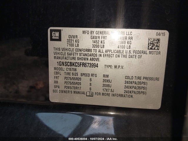 Chevrolet Tahoe Lt 2015 1GNSCBKC5FR673994 Image 9