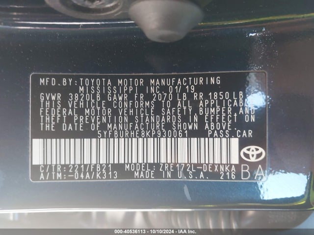 Toyota COROLLA LE 2019 5YFBURHE8KP930061 Image 9