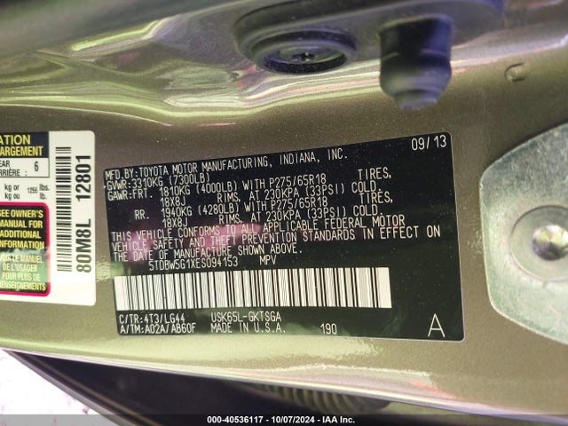 Toyota Sequoia Sr5 5.7l V8 2014 5TDBW5G1XES094153 Image 9
