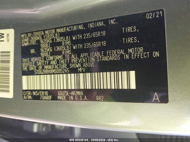Toyota Highlander Xle 2021 5TDGZRBHXMS095245 Image 9