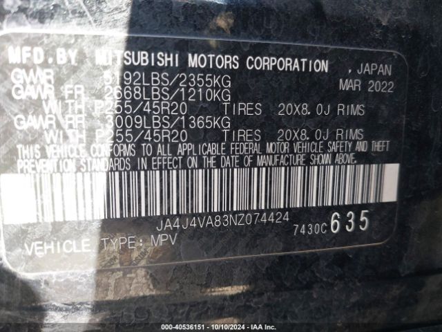 JA4J4VA83NZ074424 Mitsubishi Outlander Sel 2.5 /sel Launch Edition /sel Special Edition