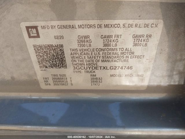 3GCUYDETXLG274746 Chevrolet Silverado 1500 4wd  Short Bed Lt