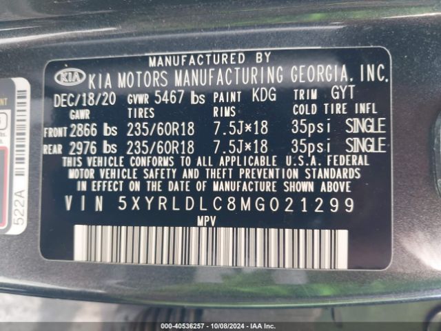 5XYRLDLC8MG021299 KIA SORENTO S