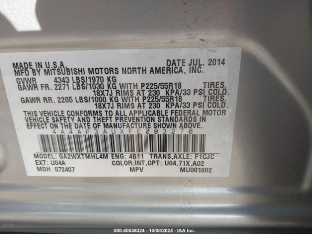4A4AP3AUXFE003270 Mitsubishi Outlander Sport Es