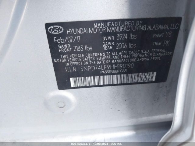 5NPD74LF9HH190190 Hyundai ELANTRA SE