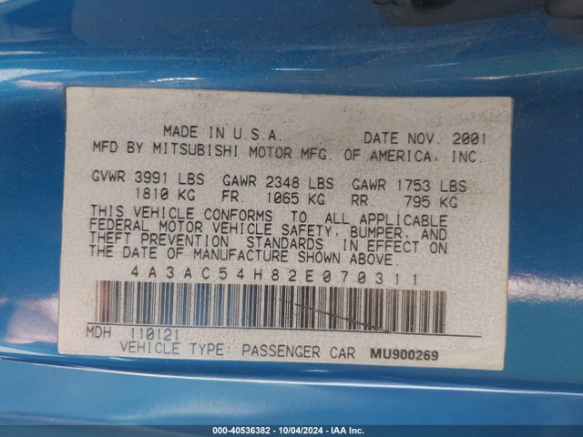 2002 MITSUBISHI ECLIPSE 4A3AC54H82E070311 Photo 8