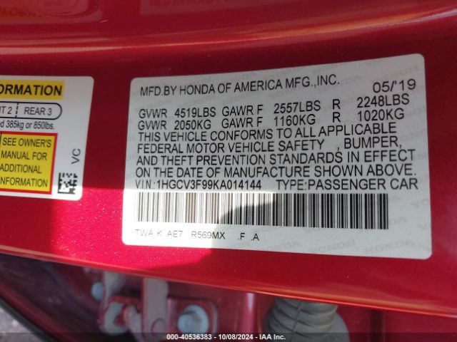 1HGCV3F99KA014144 Honda Accord Hybrid Touring