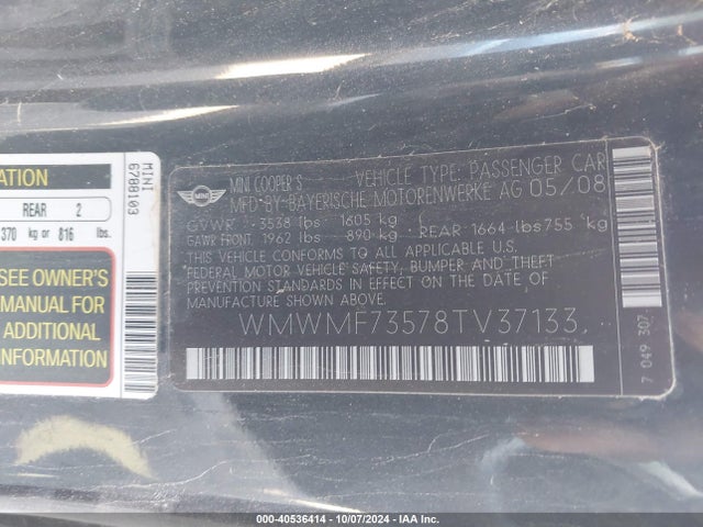 2008 MINI COOPER S WMWMF73578TV37133 Photo 8