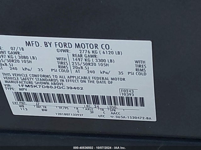Ford EXPLORER XLT 2018 1FM5K7D80JGC39402 Image 9