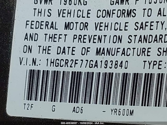 Honda ACCORD EX 2016 1HGCR2F77GA193840 Image 9