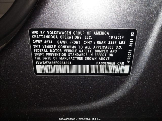 1VWBV7A36FC034394 Volkswagen Passat 2.0l Tdi Se
