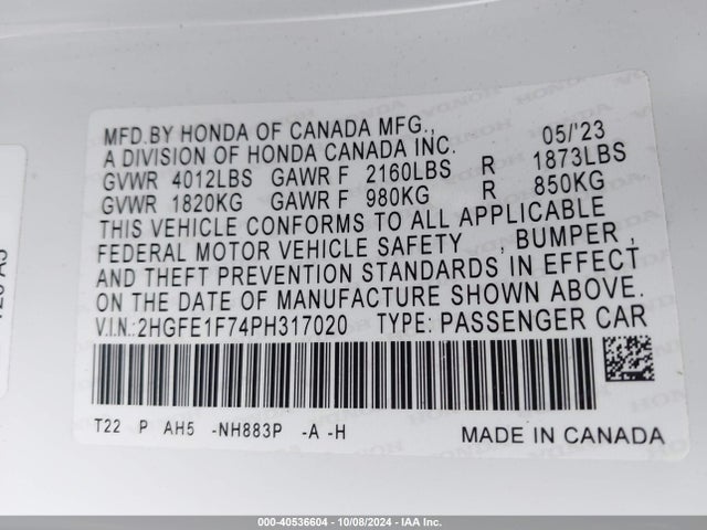 Honda Civic Ex /ex W/o Bsi 2023 2HGFE1F74PH317020 Image 9