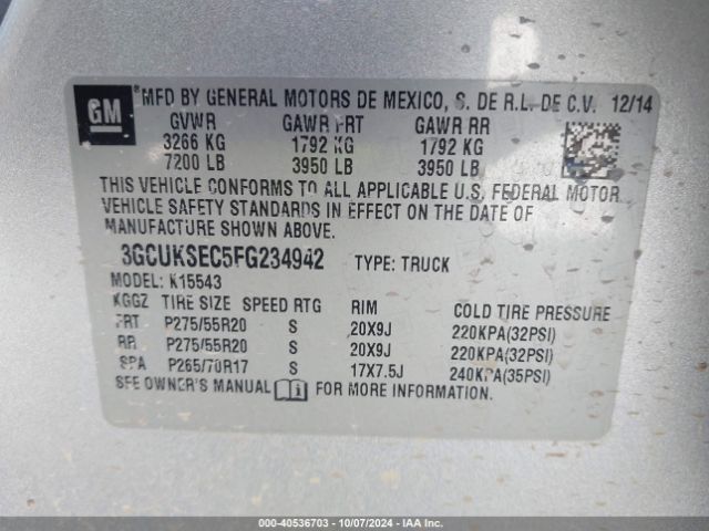 3GCUKSEC5FG234942 Chevrolet Silverado 1500 1lz