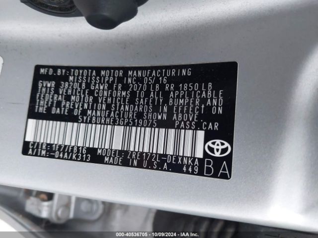 5YFBURHE3GP519075 Toyota COROLLA LE