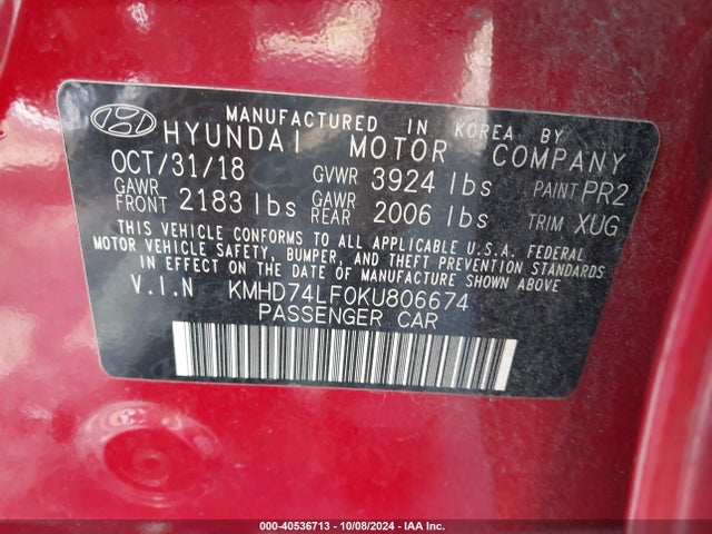 Hyundai ELANTRA SE 2019 KMHD74LF0KU806674 Image 9