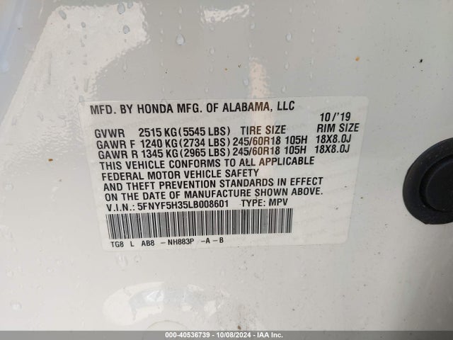 Honda Pilot 2wd Ex 2020 5FNYF5H35LB008601 Image 9