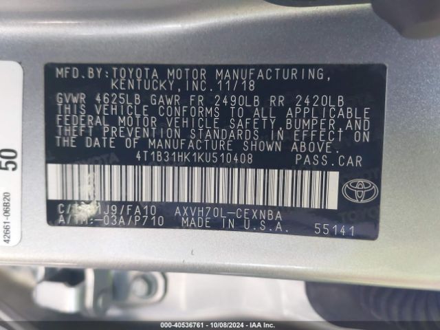 4T1B31HK1KU510408 Toyota Camry Hybrid Le