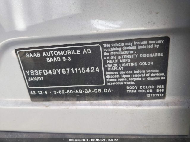 2007 SAAB 9-3 YS3FD49Y671115424 Photo 8