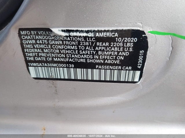 Volkswagen Passat 2.0t Se 2021 1VWSA7A36MC000139 Image 9