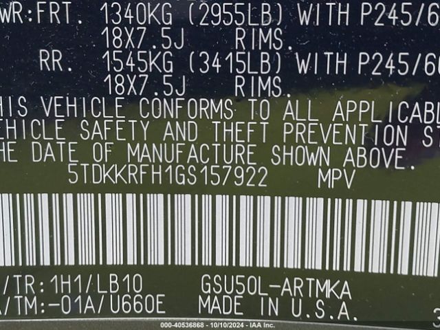 5TDKKRFH1GS157922 Toyota Highlander Xle V6