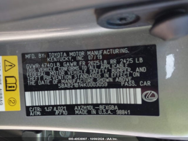 Lexus ES 300H 2019 58AB21B14KU003059 Image 9