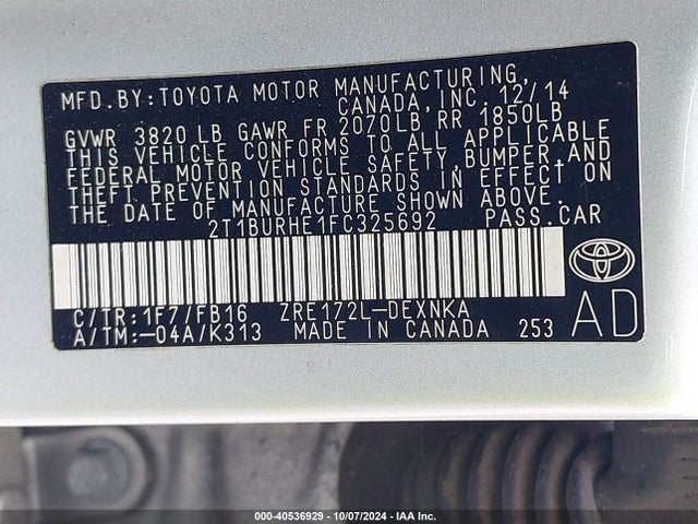 Toyota COROLLA LE 2015 2T1BURHE1FC325692 Image 9