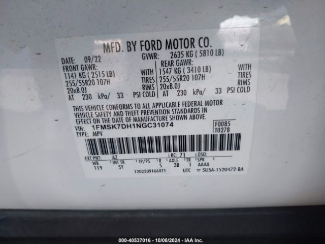 1FMSK7DH1NGC31074 Ford EXPLORER XLT