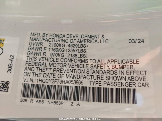 1HGCY2F73RA053869 Honda Accord Hybrid Sport-l