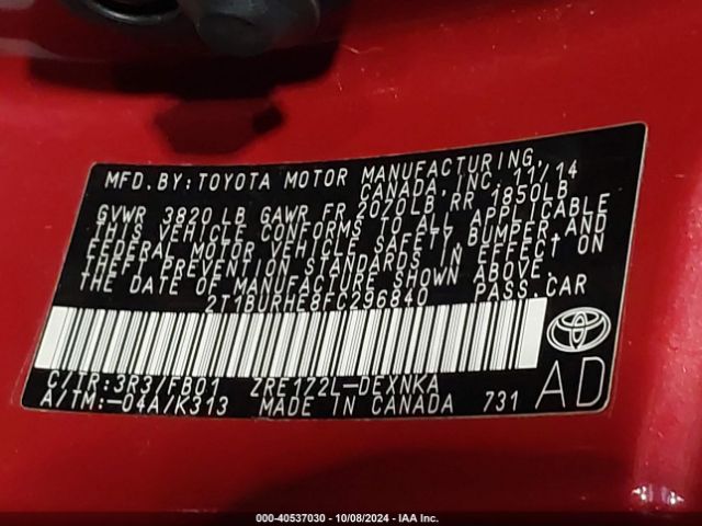 2T1BURHE8FC296840 Toyota COROLLA LE