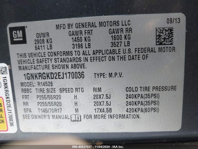 Chevrolet Traverse 1lt 2014 1GNKRGKD2EJ170036 Image 9