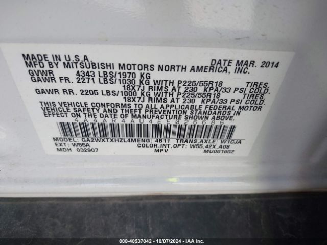 4A4AR4AU4EE026686 Mitsubishi Outlander Sport Se