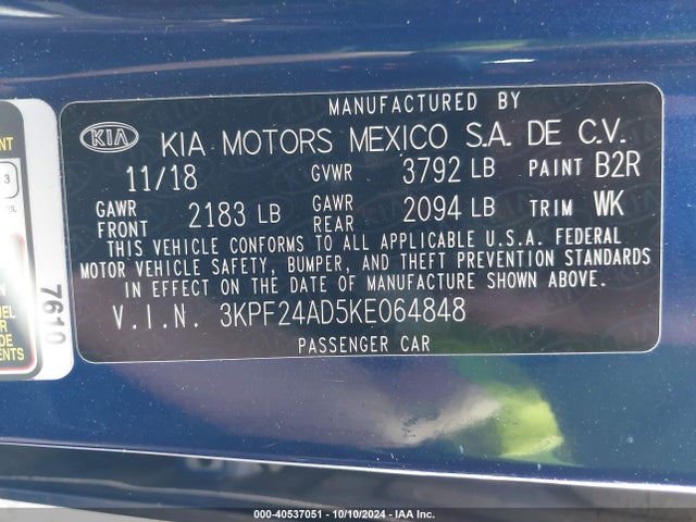 40537051 :رقم المزاد ، 3KPF24AD5KE064848 vin ، 2019 Kia Forte Lxs مزاد بيع