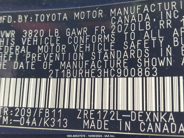 2T1BURHE3HC900863 Toyota COROLLA LE