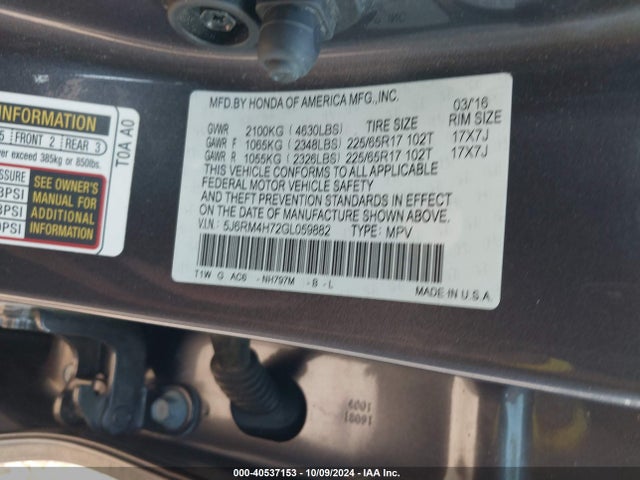 Honda k24w9 2016 5J6RM4H72GL059882 Image 9