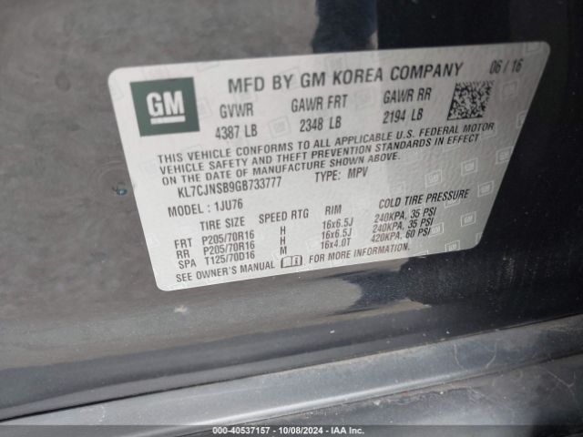 KL7CJNSB9GB733777 Chevrolet Trax 1ls