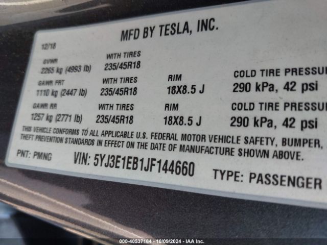 5YJ3E1EB1JF144660 Tesla Model 3 Long Range/performance