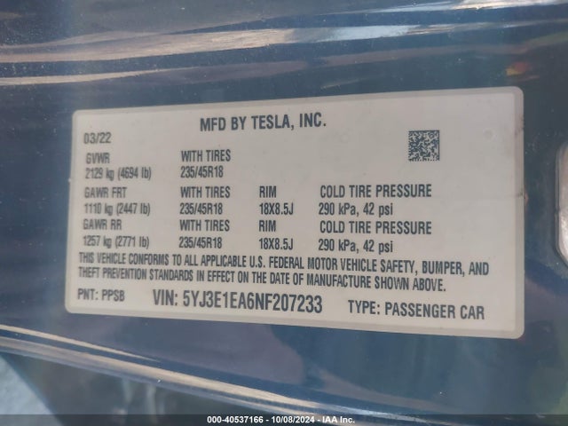 2022 TESLA MODEL 3 5YJ3E1EA6NF207233 Photo 8