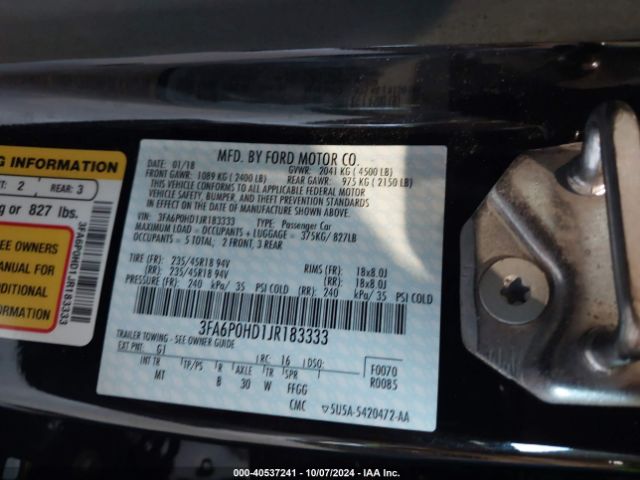 3FA6P0HD1JR183333 Ford FUSION SE