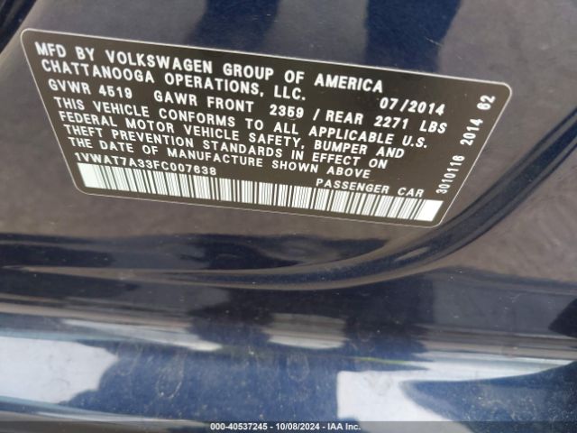 1VWAT7A33FC007638 Volkswagen Passat 1.8t S
