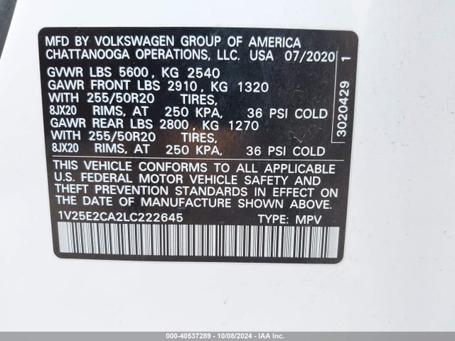 1V25E2CA2LC222645 Volkswagen Atlas Cross Sport 3.6l V6 Se W/technology/3.6l V6 Se W/technology R-line